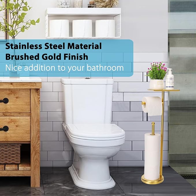 Noonext Gold Toilet Paper Holder Stand, Freestanding Toilet Paper Stand with Tray for Small Items, Toilet Paper Holder with Shelf, Storage Space for 4 Extra Toilet Paper Rolls (Gold)
