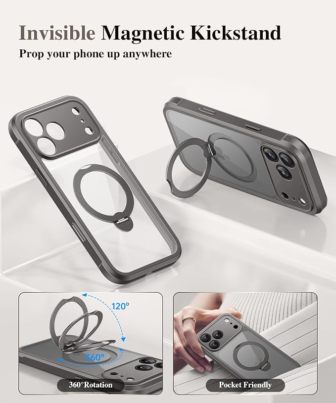 BERFY for iPhone 17 Pro Max Case, Compatible with MagSafe, Built in Privacy Screen Protector, Shockproof Full Body Phone Case for 17 Pro Max with Magnetic Stand, Clear Grey