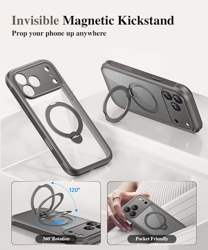 BERFY for iPhone 17 Pro Max Case, Compatible with MagSafe, Built in Privacy Screen Protector, Shockproof Full Body Phone Case for 17 Pro Max with Magnetic Stand, Clear Grey
