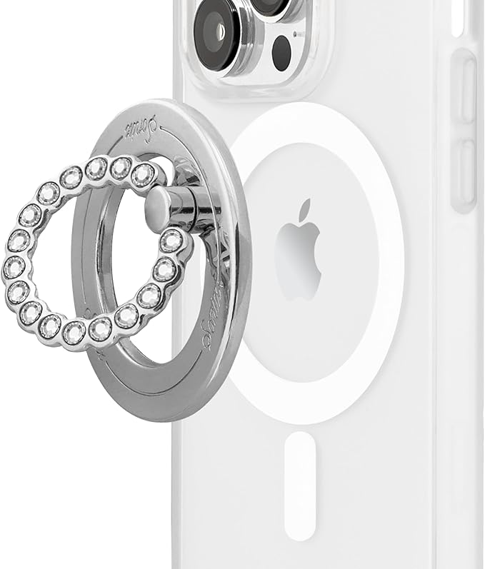 Sonix Magnetic Phone Grip and Phone Ring Holder - Compatible with MagSafe - Rotatable Kickstand and Phone Holder for iPhone 16, 15, 14, 13, 12 Series - Silver/Clear Rhinestone
