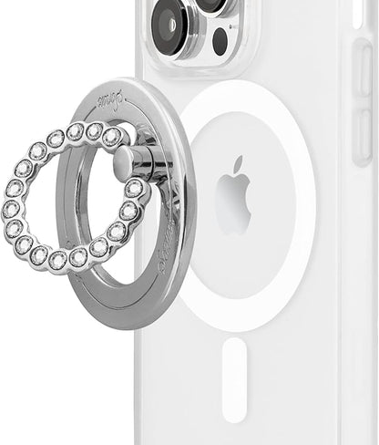 Sonix Magnetic Phone Grip and Phone Ring Holder - Compatible with MagSafe - Rotatable Kickstand and Phone Holder for iPhone 16, 15, 14, 13, 12 Series - Silver/Clear Rhinestone