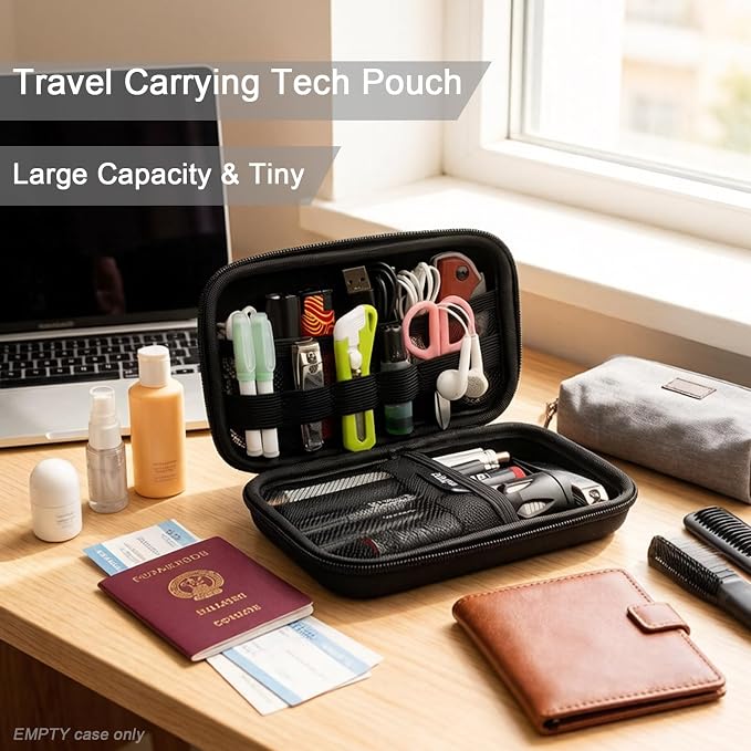Portable Travel Organizer Case, Waterproof Hard Shell Electronics Carrying Case for Small Tech Gear, 7.1x3.9 inch Black - Fits in Purse, Ideal for Commute, Business Trips & Travel (Case Only)