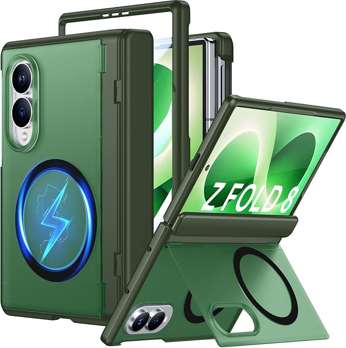 SPIDERCASE Magnetic for Samsung Galaxy Z Fold 8 Case, [Built-in Stable Kickstand] [Rugged Hinge Protection] Military Grade Heavy Duty Drop Protection for Z Fold 8 Durable Cover,Dark Green