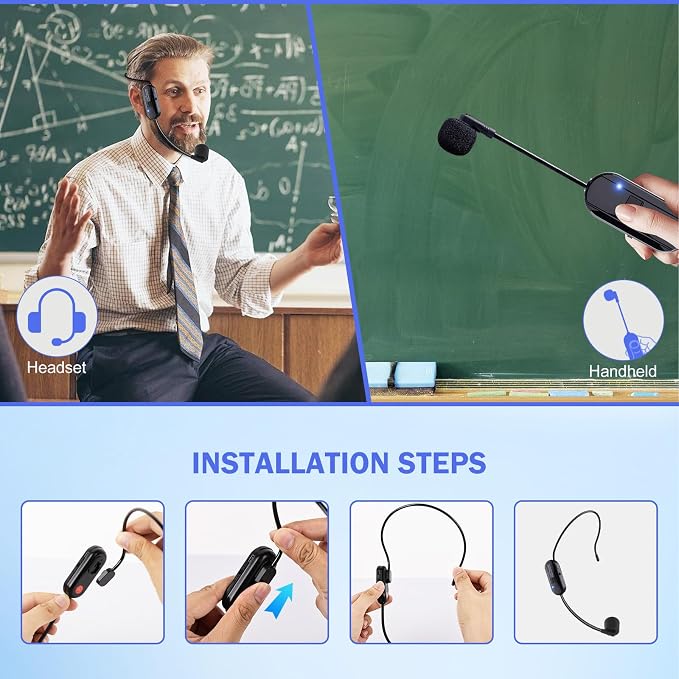 Wireless Microphone Headset Double Professional: Cordless Mic Head for Two People, Heads Handheld Mics 2 in 1- USB-C Rechargeable - 1/4'' and 1/8'' Plug for PA System, Voice Amplifier,Teaching,Fitness