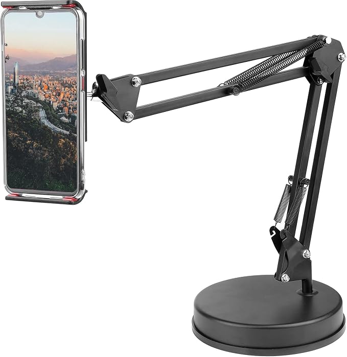 Overhead Phone Mount Stand ChromLives Phone Video Stand Articulating Arm Phone Mount Table Top with Base Adjustable 360° Cell Phone Tablet Holder Mount Desktop Compatible with Phones, Tablets, iPad