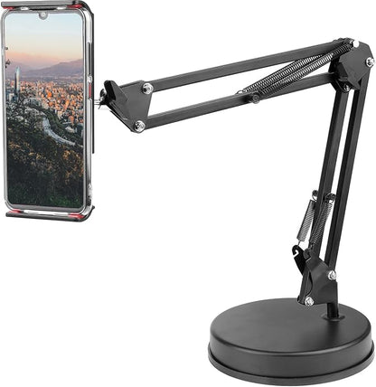 Overhead Phone Mount Stand ChromLives Phone Video Stand Articulating Arm Phone Mount Table Top with Base Adjustable 360° Cell Phone Tablet Holder Mount Desktop Compatible with Phones, Tablets, iPad