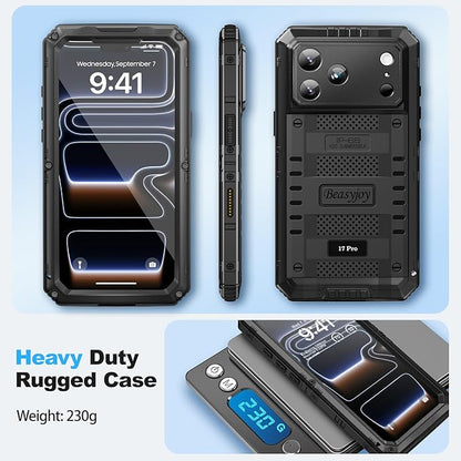 Beasyjoy for iPhone 17 Pro Case Waterproof, Heavy Duty Metal Case with Built-in Screen Protector, Full Body Rugged Military Grade Shockproof Dustproof Cover for Construction Outdoor 6.3", Black