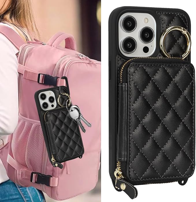 Crossbody Wallet Case for iPhone 14 Pro Max, PU Leather Zipper Handbag Purse Flip Cover, Kickstand Folio Case with Card Slots Holder Wrist Strap Lanyard 5G 6.7 Inch-Black