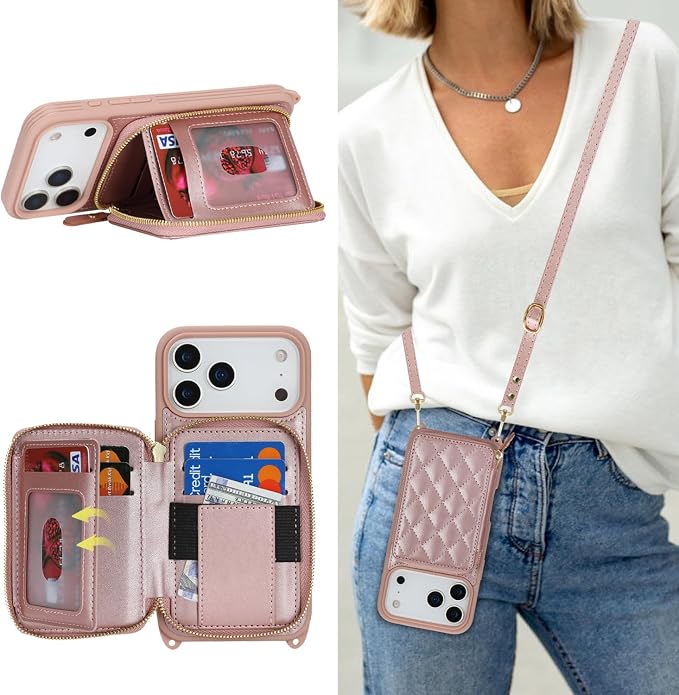 Crossbody Wallet Case for iPhone 17 Pro Max, PU Leather Zipper Handbag Purse Flip Cover, Kickstand Folio Case with Card Slots Holder Wrist Strap Lanyard 5G 6.9 Inch-Rose Gold