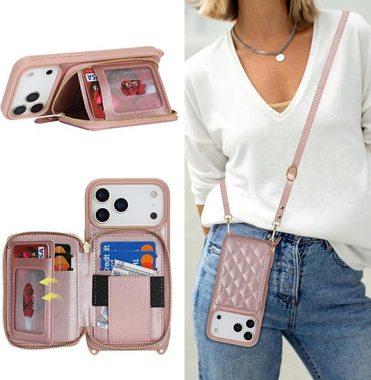 Crossbody Wallet Case for iPhone 17 Pro Max, PU Leather Zipper Handbag Purse Flip Cover, Kickstand Folio Case with Card Slots Holder Wrist Strap Lanyard 5G 6.9 Inch-Rose Gold