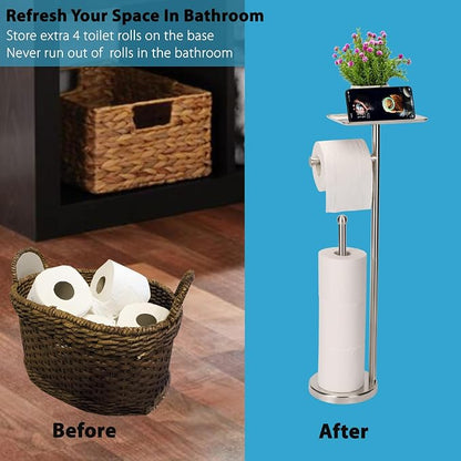 Noonext Toilet Paper Holder with Shelf, Freestanding Toilet Paper Stand with Tray for Small Items, Toilet Paper Holder Freestanding, Storage Space for 4 Extra Toilet Paper Rolls (Brushed Nickel)