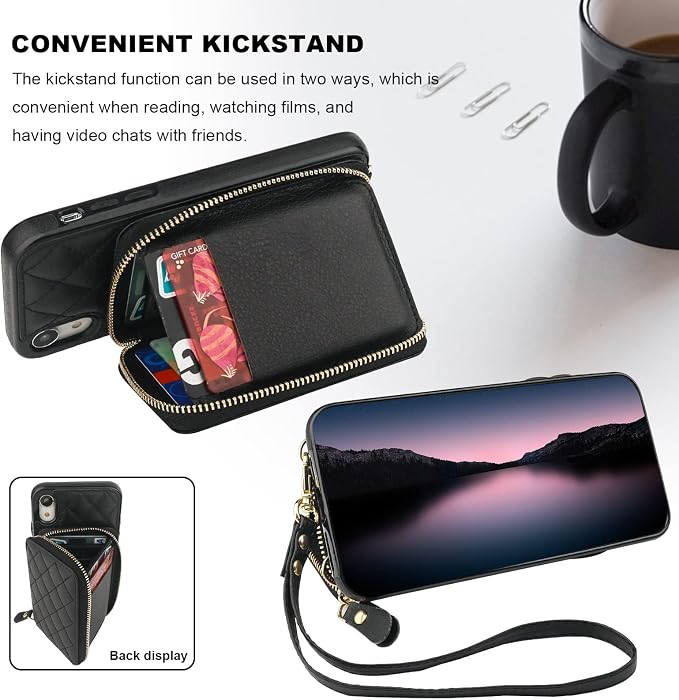 Bocasal Crossbody Wallet Case for iPhone Xr, RFID Blocking PU Leather Zipper Handbag Purse Flip Cover, Kickstand Folio Case with Card Slots Holder Wrist Strap Lanyard 6.1 Inch (Black)