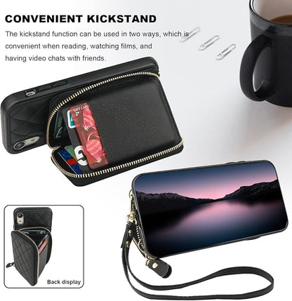 Bocasal Crossbody Wallet Case for iPhone Xr, RFID Blocking PU Leather Zipper Handbag Purse Flip Cover, Kickstand Folio Case with Card Slots Holder Wrist Strap Lanyard 6.1 Inch (Black)