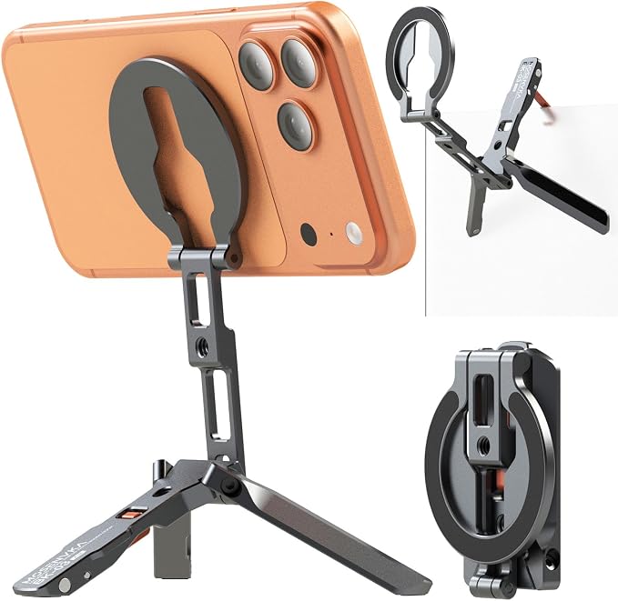 Magnetic Phone Mount,[Ultra-Thin] Magnetic Tripod for iPhone with Arca-Swiss&Cold Shoe&1/4" Screw&Foldable Hook Design,Phone Stand for iPhone 12-17 Series,Vlog,Gym,Travel Use
