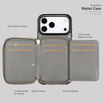 Bocasal Crossbody Wallet Case for iPhone 17 Pro Max, RFID Blocking PU Leather Zipper Handbag Purse Flip Cover, Kickstand Folio Case with Card Slots Holder Wrist Strap Lanyard 5G 6.9 Inch (Grey)