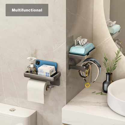 VOLDRA Toilet Paper Holder with Phone Shelf, Self-Adhesive or Screw Toilet Tissue Roll Holder Wall Mount, Rustproof & Multifunctional Bathroom Toilet Paper Holder Storage Dispenser(Gray)