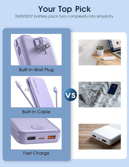 Nusyddy Portable Charger 10000mAh PD20W w/Built-in Cables & Wall Plug Purp. | PD20W Fast Charging, Battery Indicator, Pass Through Charging, TSA Approved, Compact/Slim, Power Bank for iPhone/iPad/Samsung