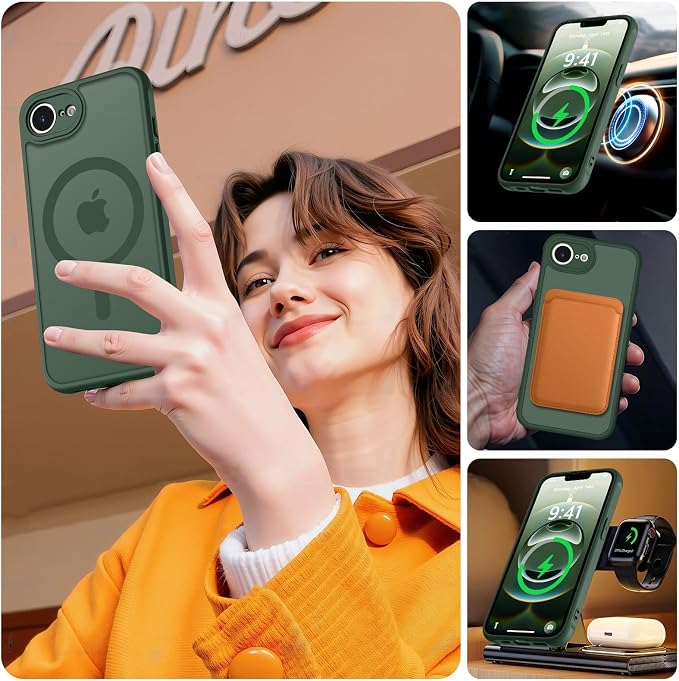 MOCCA Strong Magnetic for iPhone 17e Case/iPhone 16e Case [Compatible with Magsafe] [Full Camera Protection] Slim Translucent Matte Shockproof Phone Case for iPhone 17e / 16e 6.1", Midnight Green