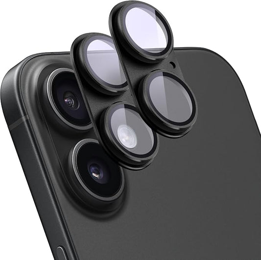 2 Pack Camera Lens Protector for iPhone 16/16 Plus,Metal AR Tempered Glass Rear Camera Screen Cover,Anti-Scratch,Strong Adsorption,Case Friendly, Easy to Install-Black