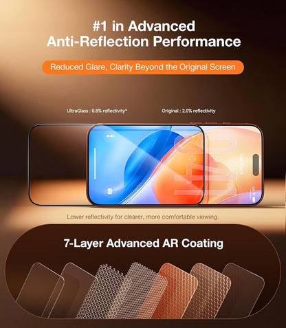 UltraGlass TOP 9H+ OptiArmor for iPhone 17 Pro Screen Protector [NO.1 Anti-Reflection & Military Grade Shatterproof] Anti Glare Screen Protector 17 Pro Tempered Glass Longest Durable AR, 2 Pack