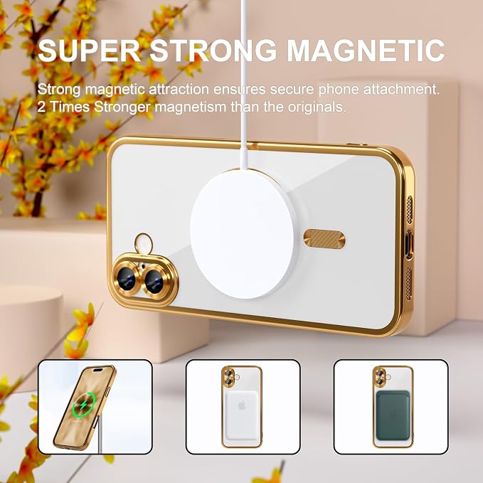 Misea Magnetic for iPhone 17 Case Compatible with MagSafe [Never Yellowing] [Military Grade Drop Protection] Full Camera Lens Protector Plating Soft Clear Phone Case for Women, Gold