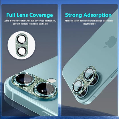 Camera Lens Protector for iPhone 16/iPhone 16 Plus, Bling Glitter Camera Cover with 9H Tempered Glass Metal Ring, Anti-Scratch Camera Protector for iPhone 16/iPhone 16 Plus (Glitter - Green)