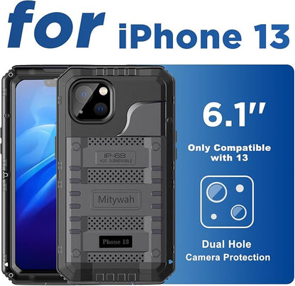 Mitywah Waterproof Case for iPhone 13, Heavy Duty Military Grade Drop Protection Phone Case with Built-in Screen Protector, 360° Full Body Protection Metal Armor Dropproof Case 6.1 inch, Black