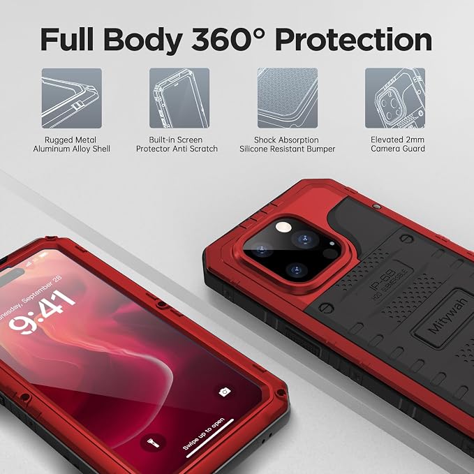 Mitywah Waterproof Case for iPhone 14 Pro, Heavy Duty Shockproof Case with Built-in Screen Protector, Full Body Underwater Protective Metal Case 6.1 inch, Red