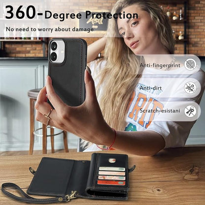 for Wallet Case Compatible with iPhone 16,Multi-Function Detachable 2 in 1 Magnetic iPhone 16 Case Wallet,Flip Strap Zipper Card Holder Phone Case with Shoulder Straps (Black)
