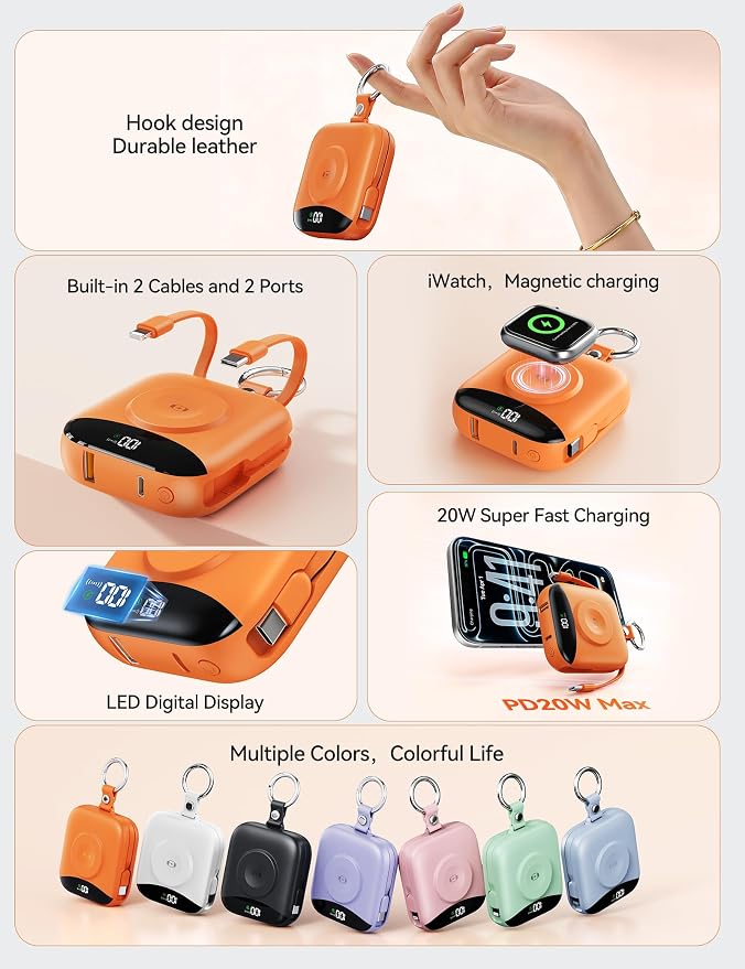 Portable Charger Power Bank, 10000mAh Fast Charging Power Bank with Built-in Cables, Travel Keychain Battery Pack with LED Display for iPhone Samsung Android iPad iWatch Charger 11/10/9/8/Ultra,Orange