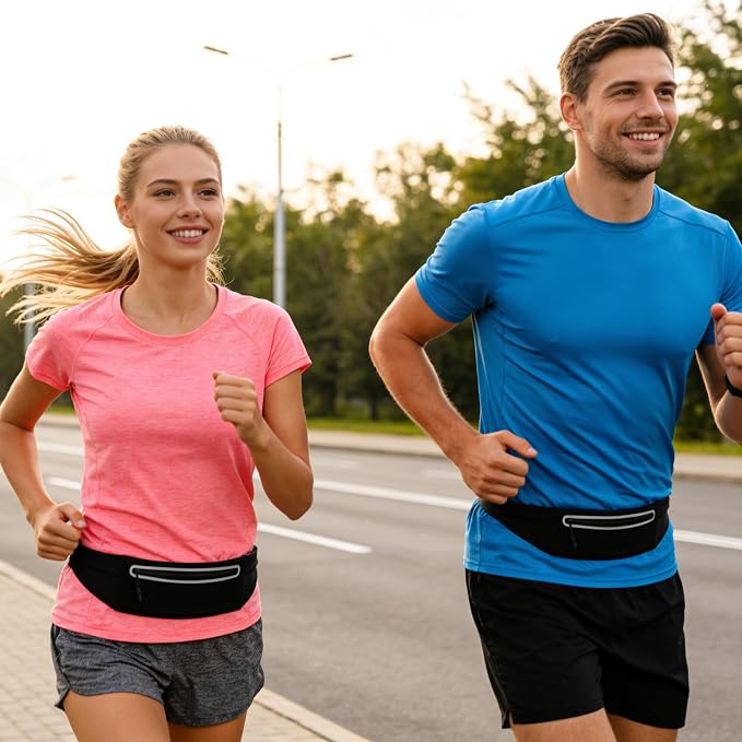 Slim Running Belt for Men Women - No-Bounce Phone Holder Waist Pack, Runners Fanny Pack with Sweat-Proof Pocket ，Travel Money Pouch for Gym/Hiking/Cycling (Light Black)