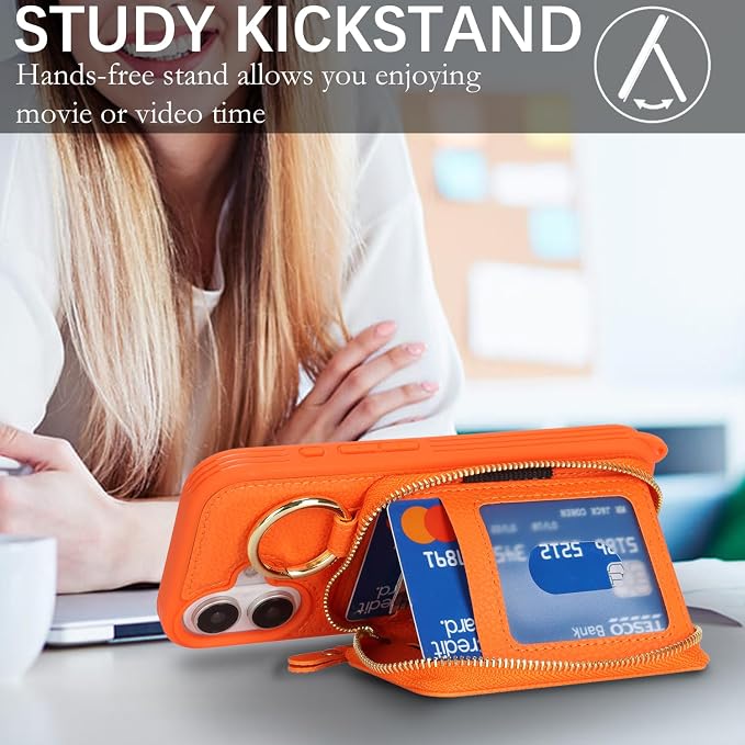 Crossbody Wallet Case for iPhone 17, PU Leather Zipper Handbag Purse Flip Cover, Kickstand Folio Case with Card Slots Holder Wrist Strap Lanyard 5G 6.3 Inch-Orange