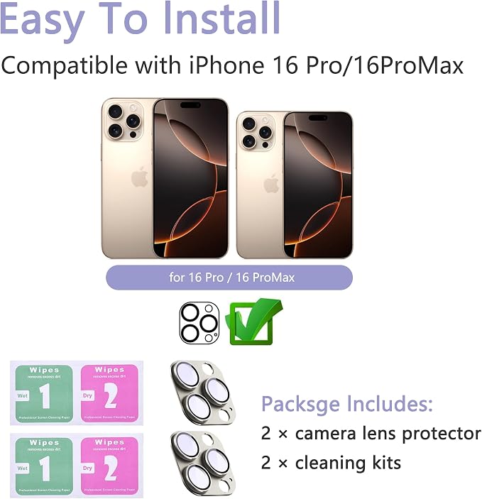 2 Pack Camera Lens Protector for iPhone 16 Pro/16 Pro Max,Metal AR Tempered Glass Rear Camera Screen Cover,Anti-Scratch,Strong Adsorption,Case Friendly, Easy to Install-Titanium Grey