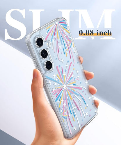 GVIEWIN for Samsung Galaxy S24 FE Case, Clear Floral Slim Shockproof Protective Women Phone Case, Non-Yellowing, with Screen Protector & Camera Lens Protector for S24 FE 6.7", Fireworks