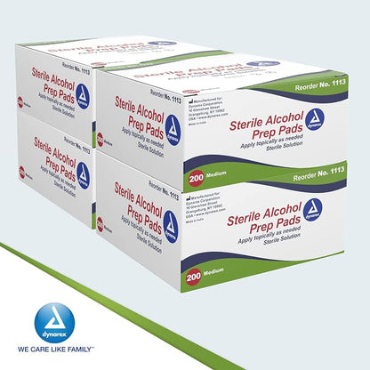 Dynarex Alcohol Prep Pads, Medical-Grade and Non-Woven Prep Pads, Saturated with 70% Isopropyl Alcohol, Rapid-Acting Antiseptic Wipes, 1-Ply, Medium, 4 Boxes of 200 Alcohol Prep Pads