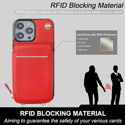 Bocasal Crossbody Wallet Case for iPhone 14 Pro Max, RFID Blocking Leather Purse Case with Card Holder, Protective Handbag Flip Cover with Zipper Wrist Strap Lanyard for Women 5G 6.7 Inch (Red)