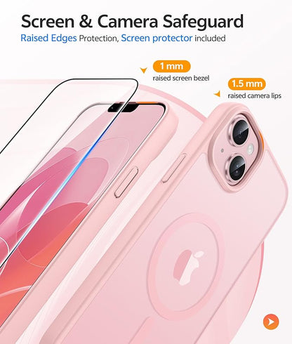 FNTCASE for iPhone 15 Plus Case: for iPhone 14 Plus Case [Compatible with Magsafe] Translucent Matte Cases with [Screen Protector] Military Grade Shockproof Protective Phone Cover - Light Pink