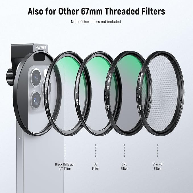 NEEWER Clip On Phone Filter Kit, 67mm Multicoated Variable ND Filter ND2-32 with Cold Shoe Cell Phone Clamp, Carrying Case & Cleaning Cloth Accessories Compatible with iPhone Samsung Android, FL-82