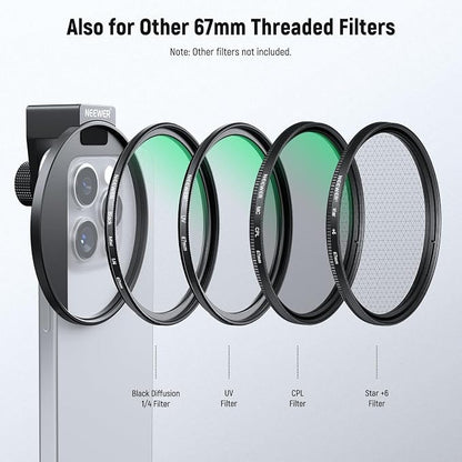 NEEWER Clip On Phone Filter Kit, 67mm Multicoated Variable ND Filter ND2-32 with Cold Shoe Cell Phone Clamp, Carrying Case & Cleaning Cloth Accessories Compatible with iPhone Samsung Android, FL-82