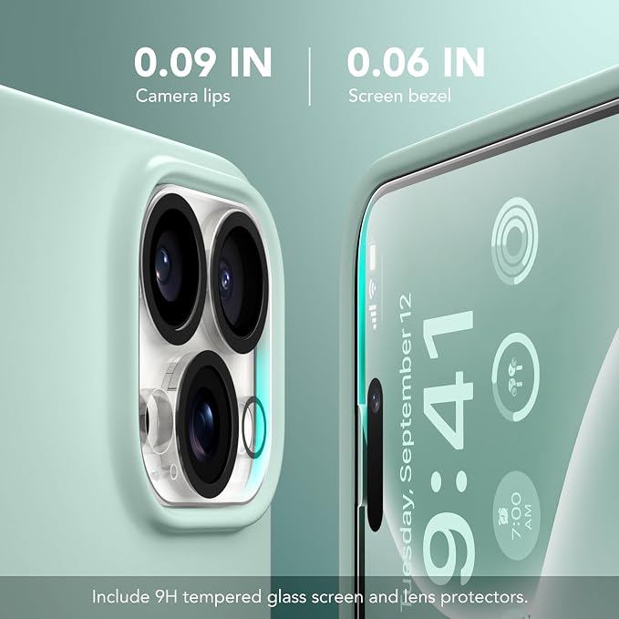GONEZ for iPhone 14 Pro Case, Compatible with Magsafe, with Screen Protector + Camera Lens Protector, Soft Anti-Scratch Microfiber Lining, Shockproof Liquid Silicone Phone Cover, Mint Green