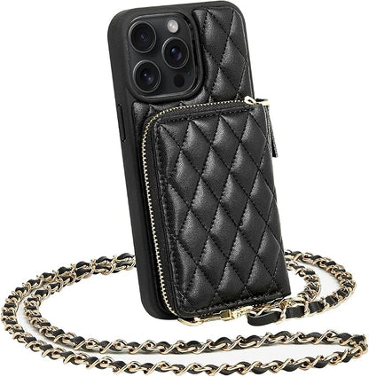 LAMEEKU for iPhone 14 Pro Max Wallet Case, Card Holder Case Crossbody Purse for Women Quilted Leather RFID Shockproof Cover Compatible with iPhone 14 Pro Max, 6.7 Inch-Black