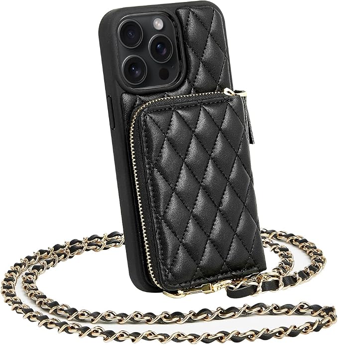 LAMEEKU for iPhone 14 Pro Wallet Case, Quilted Leather Card Holder with Crossbody Chain, Wrist Strap & RFID Protection - 6.1 Inch, Black
