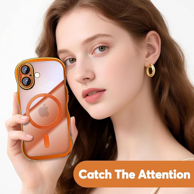 Misscase for iPhone 17 Case with Privacy Screen Protector,Compatible with MagSafe,Cute Wave Frame Anti-Scratch Case with Camera Lens Protector Plating Bling Case for iPhone 17 6.3" Women Orange
