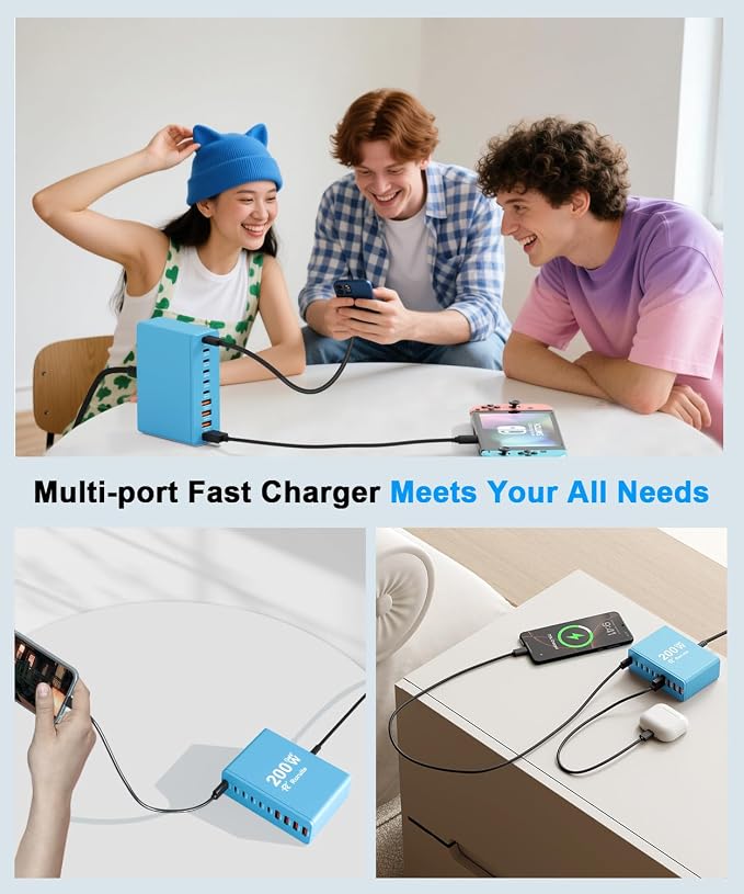USB C Charging Station 10 Port with 4 Cables,200W GaN Type C Charger Block | Wall Charger Power Strip Adapter Plug for iPad iPhone17 16 15 14 13 12 Pro Max Pixel Note Galaxy Blue