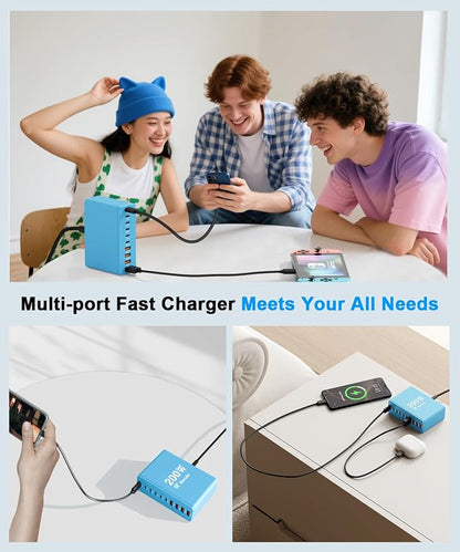 USB C Charging Station 10 Port with 4 Cables,200W GaN Type C Charger Block | Wall Charger Power Strip Adapter Plug for iPad iPhone17 16 15 14 13 12 Pro Max Pixel Note Galaxy Blue