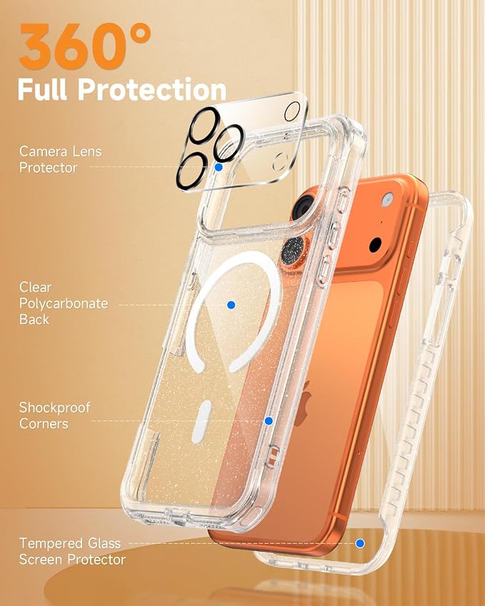 seacosmo Magnetic for iPhone 17 Pro Case for Women, Girly, Men, Full Body with Built-in Screen and Camera Lens Protector, Anti-Yellowing, Shockproof Cute 17 Pro Phone Case, 6.3", Clear Glitter
