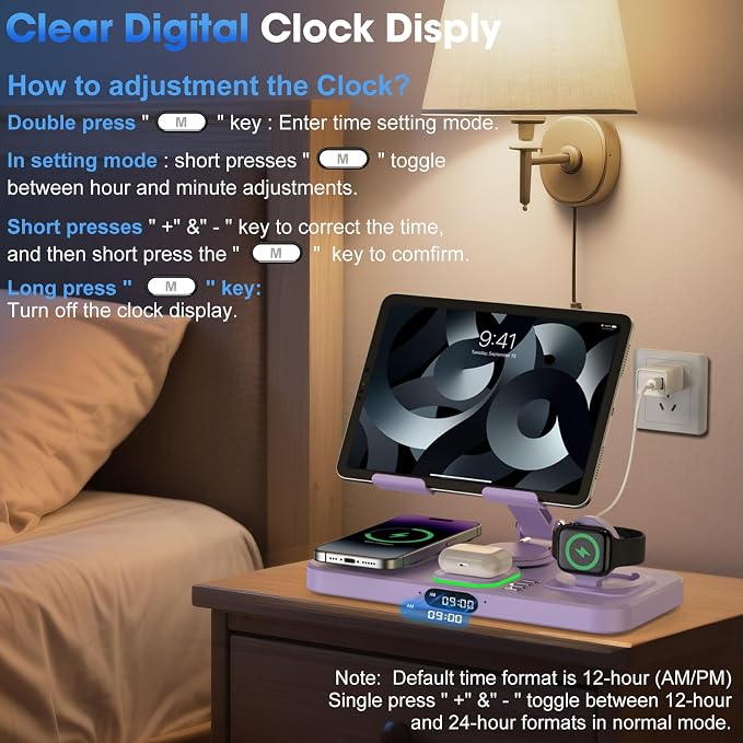 6 in 1 Wireless Charger for Apple Multiple Devices, Charging Station with Clock &7 Color Ambient Light, Foldable Rotate Stand for iPad, for iPhone17/16/15, Support for Apple Watch11/10 for AirPods4
