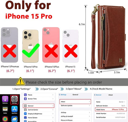 Wallet Case for iPhone 15 Pro with Card Holder/Crossbody Wallet/Strap| RFID Blocking | Magnetic | Kickstand | Detachable | PU Leather Phone Case for iPhone 15 Pro,6.1 in,Brown
