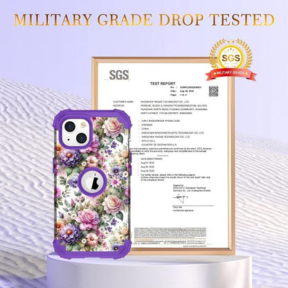 Hocase for iPhone 15 Case, Heavy Duty Shockproof Protection Soft Silicone Rubber Bumper+Hard Plastic Hybrid Protective Case for iPhone 15 (6.1" Display) 2023 - Purple Pink Flowers
