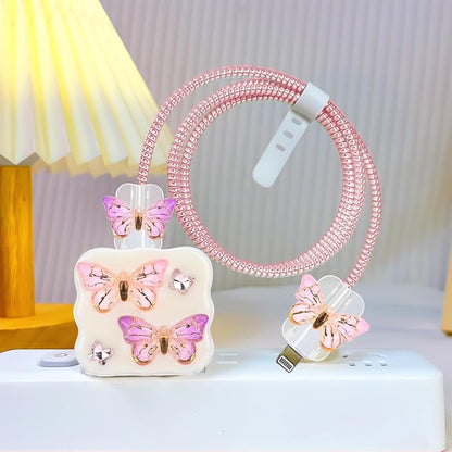 CameCosy Phone Charger Storage Case Cover Sets with Cable Protector for iPhone Charger, Wave Travel Storage Bag, Data Cord Saver Cute DIY Charging Protector Cable Organizer (Purple Butterfly)